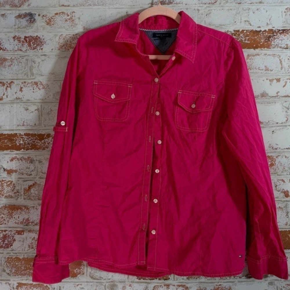 Tommy Hilfiger Button Down Shirt Womens L Pink Excellent Roll Tab Sleeve Cotton